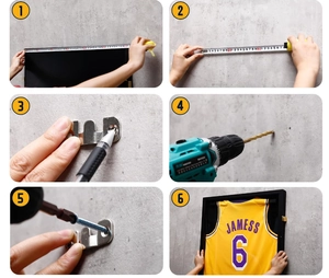 Step-by-step wall mounting guide for the black sports jersey display frame with hanger