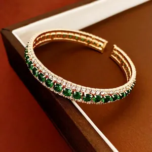 Square Emerald Zircon Copper Bangle Bracelet For Women French Light Luxury Rhinestone Adjustable Cuff Fashion Jewelry