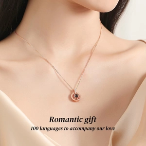 Rose gold ring necklace for women with 100 languages projection stone on model