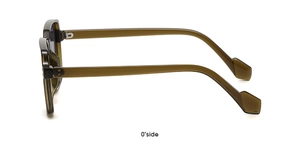 Detailed side view of translucent olive green square sunglasses with metal hinges