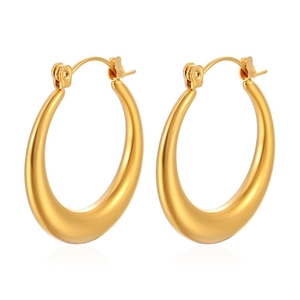 Polished 18K gold plated stainless steel teardrop hoop earrings on white background