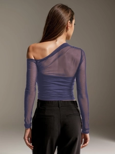 Detail of sheer mesh patchwork and one-shoulder sleeve on this purple slim-fit top