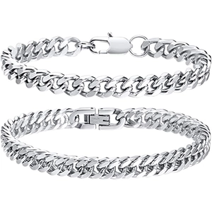Detail of silver stainless steel Cuban link bracelets with different clasp designs