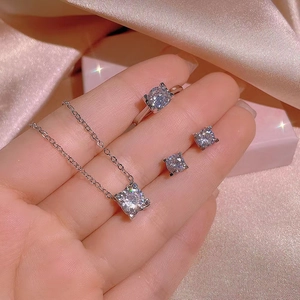Elegant Clear Zircon Necklace Stud Earrings And Ring Jewelry For Women Titanium Steel Four-Prong Minimalist Accessories