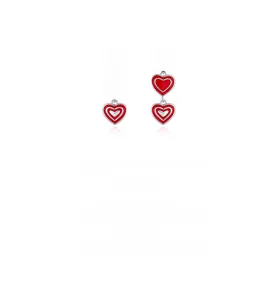 Detail view of S925 sterling silver long earrings with three layered red heart enamel drops