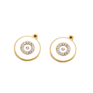 Macro view of gold round evil eye pendants with sparkling white rhinestones inlay