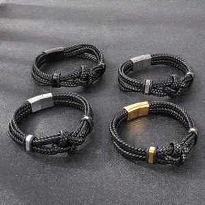 Men Woven Cowhide Leather Bracelet Stainless Steel Magnetic Clasp Knotted Braided Minimalist Fashion Handwear Accessory
