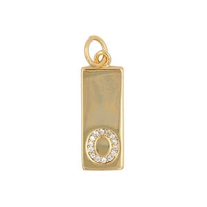 Close-up of a gold-plated rectangular pendant featuring a zircon-encrusted letter O detail