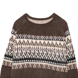 Brown knit sweater with vintage Fair Isle jacquard patterns and fluffy mohair texture