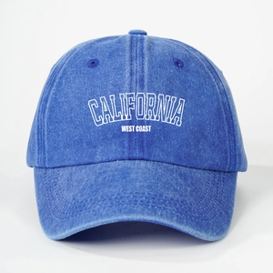 Washed blue baseball cap with California West Coast embroidery in a classic 6-panel style