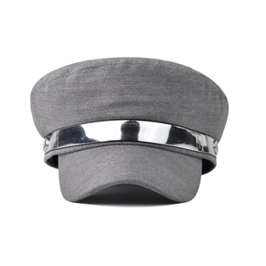 Close-up of grey cadet cap featuring a polished silver metal band and engraved M letter