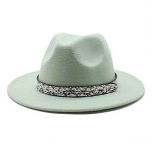 Stylish light green wide brim wool fedora hat with snakeskin leather band for men and women