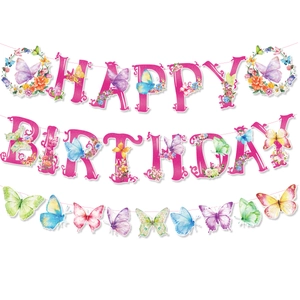 Colorful butterfly happy birthday banner set with pink glitter letters for party decor