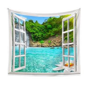 Detail view of 3D forest waterfall print tapestry with window frame and white lotus