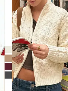 Cable Knit Zip Up Cardigan Sweater Women Long Sleeve Solid Color Casual Knitted Outwear Fashionable Slim Fit Top