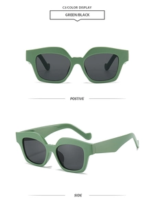Detail view of avocado green square sunglasses with dark grey lenses and thick frame