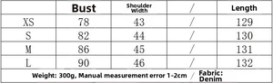 Tableau des tailles pour robe midi en jean sans manches avec mesures buste et épaule
