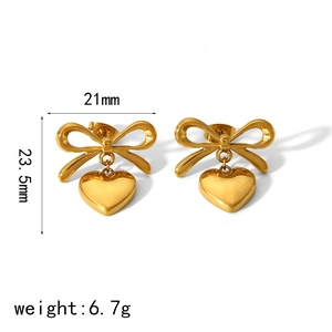 Polished 18k gold heart bow drop earrings with size 21x23.5mm and 6.7g weight