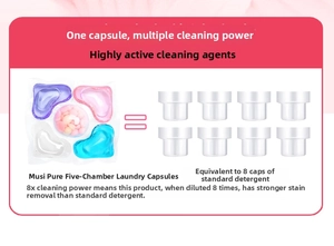 5D concentrated laundry detergent capsule showing cleaning power equal to 8 cups of liquid