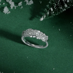 Macro shot of S925 sterling silver ring with sparkling round cubic zirconia stones
