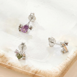 Set of three S925 sterling silver studs featuring purple, green and champagne zircons