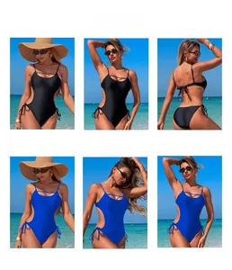 Collage of backless one-piece swimsuit with crisscross hollow details in black and blue