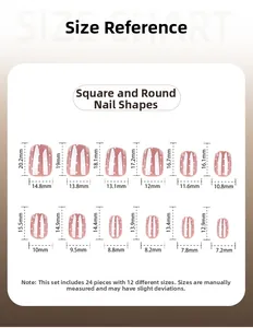 Size chart showing 12 dimensions for pink press-on nails with white polka dot art