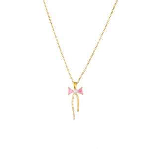 Elegant gold bow necklace featuring pink gemstones and center pearl for women