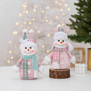 Plush Christmas snowman dolls in pink and green plaid fabric for festive home decoration