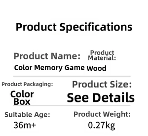 Specifications of wooden color memory chess toy for kids including weight and size details