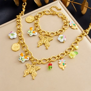 Stainless Steel Gold Plated Necklace And Bracelet Butterfly Ceramic Flower Rose Coin Pendant Jewelry For Women