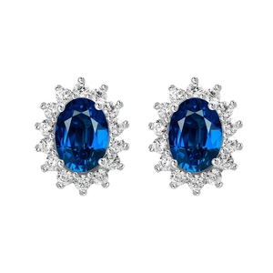 Elegant oval blue sapphire sunflower stud earrings with a sparkling halo of white zircons