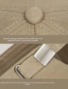 Detailed close-up of premium gold embroidery stitching and metal buckle on khaki baseball cap