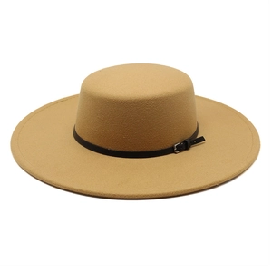 Detail of camel wool fedora with a wide brim and black decorative belt buckle