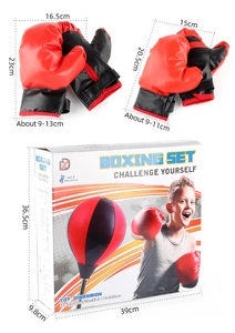 Boxing set for kids including red and black gloves with adjustable height punching ball