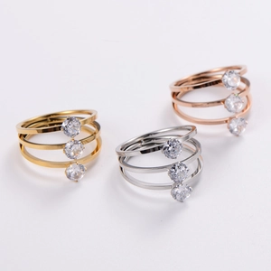 Three-layer classic rings with zircons in gold, silver, and rose gold finishes