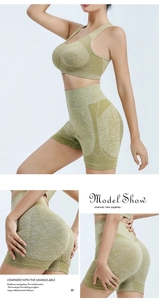 Detail showing the seamless jacquard mesh texture on high-waist green yoga shorts