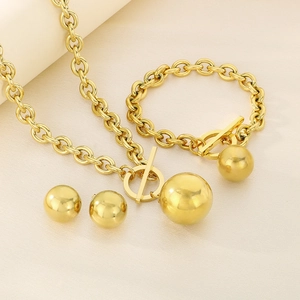 Three-piece gold titanium steel jewelry set with large beads and OT toggle clasp