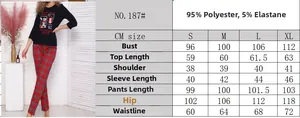 Size chart for long sleeve pajama set with 95% polyester fabric and grid pattern pants