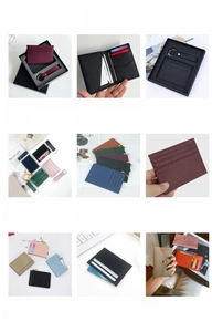 Collage of leather card holders in various textures like litchi and crocodile patterns