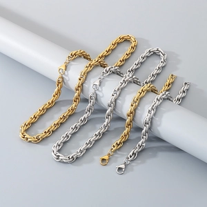 Hip hop style gold and silver stainless steel twisted rope chain necklace and bracelet set