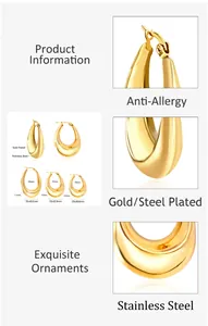 Size chart for chunky oval teardrop hoop earrings in three sizes with stainless steel specs