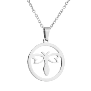 Silver stainless steel set featuring a hollow circular butterfly pendant necklace