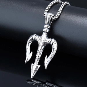 Vintage Viking Poseidon trident pendant necklace in antique silver finish with chain