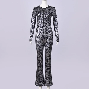 Detail of grey leopard print jumpsuit with long sleeves and front zipper closure