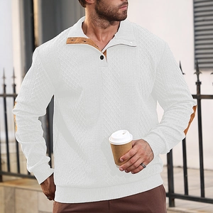 Detail of white waffle knit sweater with brown patches on collar and elbow