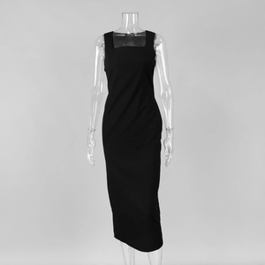 Detail view of the elegant square neckline and fabric texture on a black midi dress