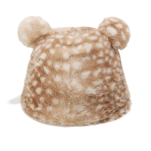 Detailed view of plush faux fur bucket hat featuring cute animal ears and deer patterns