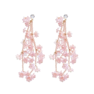 Pink zircon flower crystal tassel earrings with resin petals and silver needle studs
