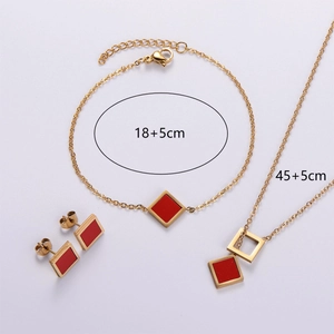 Detailed set of 18K gold plated square necklace, bracelet and earrings with red enamel
